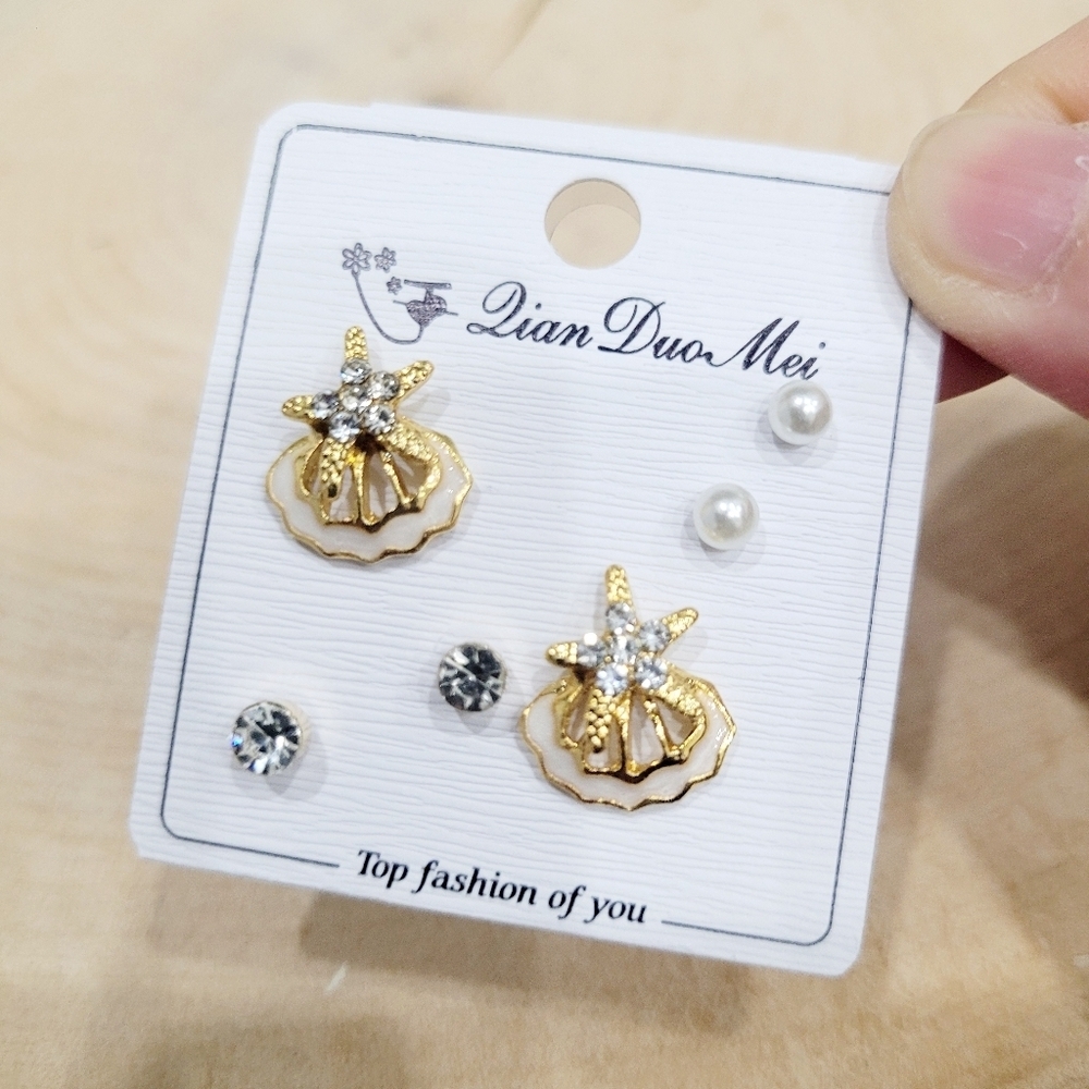 Brand New Set of 3 Gold Tone White Seashell Rhinestone Earrings